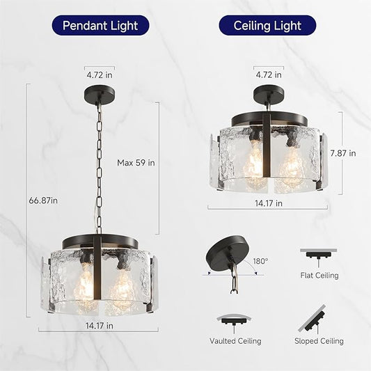 Modern Black Round Glass Chandelier,3 Light Entryway Pendant Lighting,Dining Room Lighting Fixtures Over Table,Vintage Drum Chandeliers for Kitchen Bedroom Living Room Stairwell Foyer Laundry Bathroom