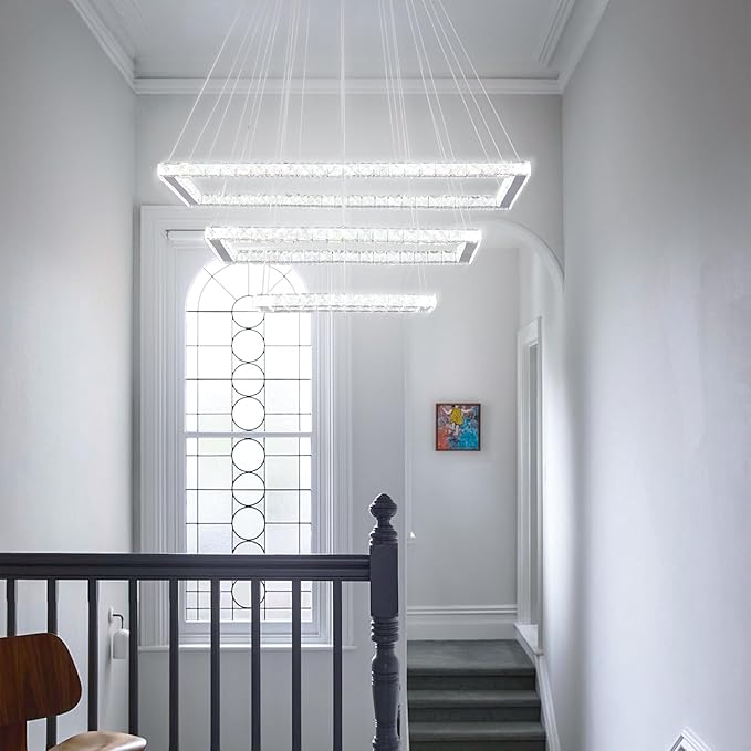 Finktonglan 31.4 inch Modern Crystal Chandelier, 3 Rectangular LED Rings Chandeliers Pendant Ceiling Light for Dining Room Kitchen Island Stair Well (6000K Cool White)