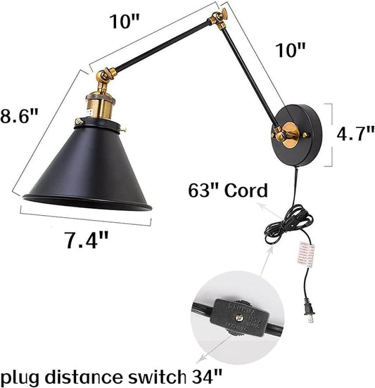 LALUZ Black Wall Sconces Lighting, 2 Pack Modern Industrial Swing Arm Plug in or Hardwired Adjustable Wall Lamp with Antique Brass Finish for Bedroom, Kitchen, and Living Room