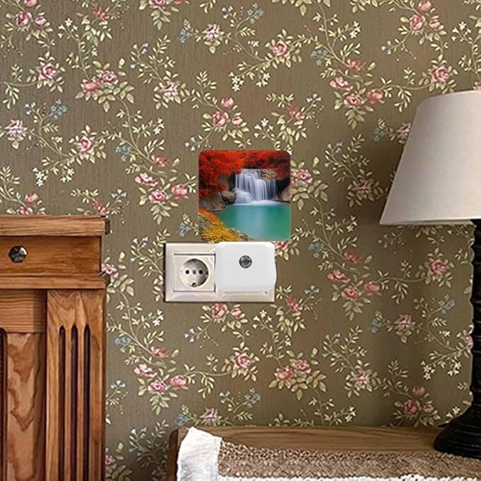 Waterfall Night Light Plug-into Wall National Park Dense Forest Nightlight Lamp with Dusk to Dawn Sensor, Led Lamp 0.5W Energy Efficient for Home Decor