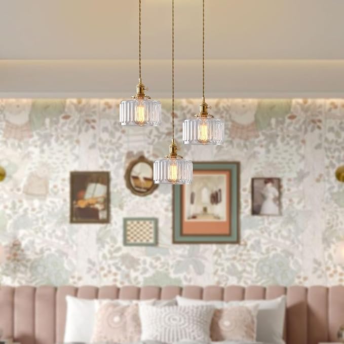 Cluster 3-Light Kitchen Island Chandelier Glass Globe Ceiling Pendant Light Clear Striped Shade Mid Century Modern Chandelier Brushed Gold Hanging Lights Fixture Multi Chandeliers