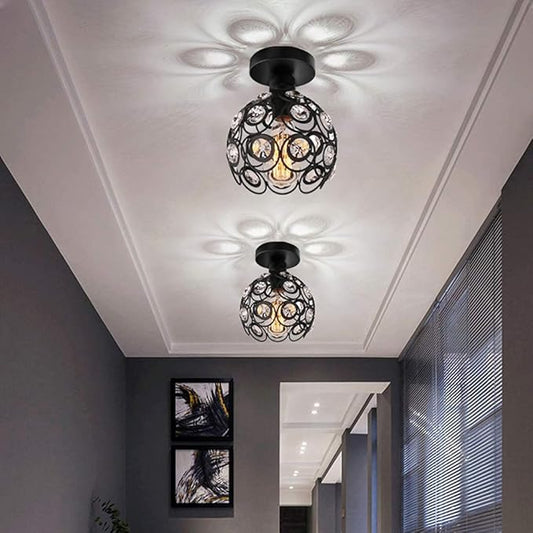 TISLYCO Modern Chandelier Crystal Ceiling Hallway Light, Mini Semi Flush Mount Ceiling Light Fixture Mini Chandelier, Antique Black Metal Crystal Chandelier Lamp Entryway Bedroom Bathroom Kitchen