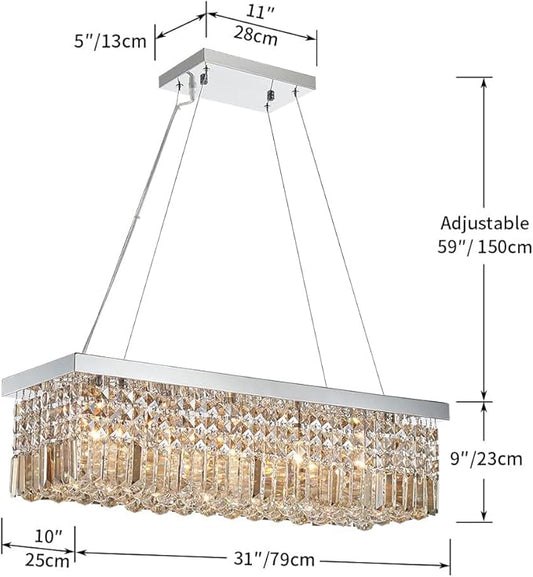 Saint Mossi 5-Lights Modern K9 Crystal Chandelier, Crystal Pendant Light Fixture, H9 x W10 x L31, Chain Adjustable Max 59“, Champagne Crystal & Chrome Finish