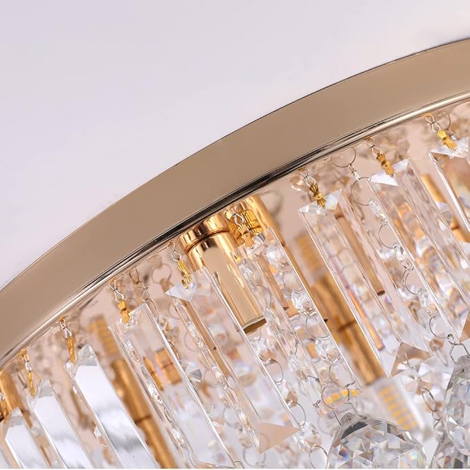 Mini Crystal Chandelier Ceiling Light,Flush Mount Modern Round K9 Crystal Raindrop Ceiling Lighting Fixture for Dining Room Bedroom Hallway Height 11''x Width 16''(French Gold)