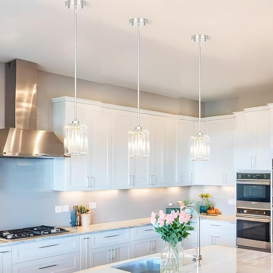 Lxybcce Chrome Kitchen Pendant Lights Over Island with Adjustable Rods - Crystal Pendant Lighting Fixtures 3 Pack, Ideal Over Dining Table or Bar, E26 Bulb Compatible, No Electrician Needed