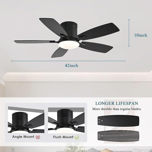 Ayaoty Ceiling Fans with Lights, 42 inch Low Profile Ceiling Fan with Light and Remote Control, Flush Mount, Reversible Motor, Dimmable, Noiseless, Black Ceiling Fan for Bedroom, Indoor/Outdoor Use
