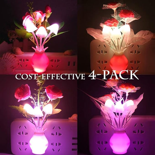 4 Pack Mushroom Night Light, Red Rose Tulip Flowers Plants Plug-in Mushrooms Colors Changing Nightlight Colorful LED Wall Lamp Little Night Lights for Bathroom Bedroom Kitchen Living Room
