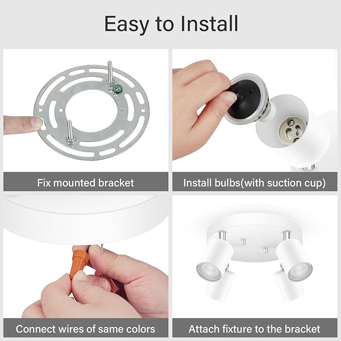 BoostArea LED 4 Light Track Lighting Kit, LED Track Lighting Fixtures, White Round Ceiling Spot Lighting, Flexibly Rotatable Light Head for Kitchen, Living Room, Bedroom, GU10 Bulb Not Included