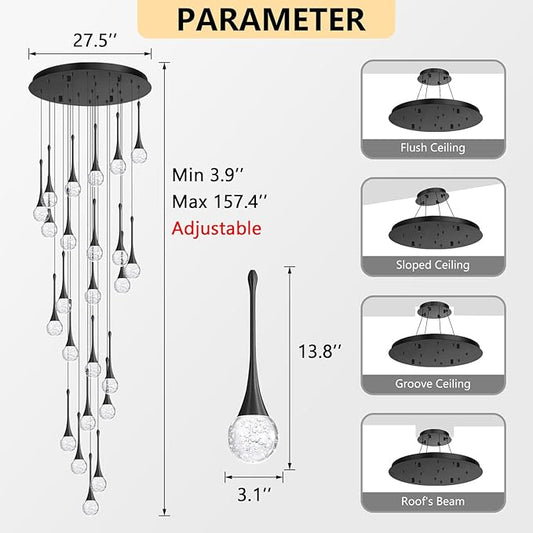 24 Light Modern Glam Crystal Chandelier for High Ceiling LED Dimmable Ceiling Pendant Light Staircase Foyer Enterway Living Room Chandelier Lighting Antique Black