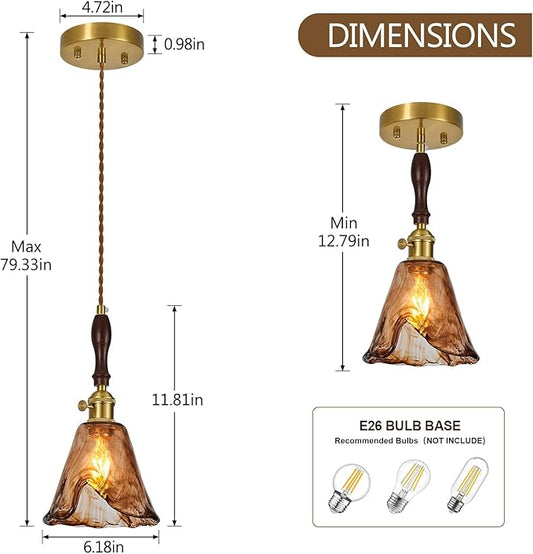 Amber Glass Vintage Pendant Light Height Adjustable Handmade Glass Pendant Lights Kitchen Island Gold Hanging Light Fixture with Wood Handle for Bedroom Dining Room Hotel (2 Pack)