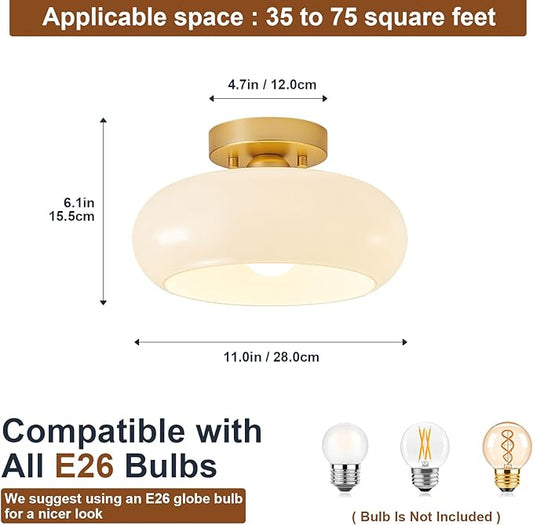 WOKNOS Mid-Century Modern Gold Semi Flush Mount Ceiling Light, Kitchen Ceiling Light Fixture with Glass Shade, Vintage White Close to Ceiling Lamp for Entryway Hallway Bathroom (11.0 Inch)