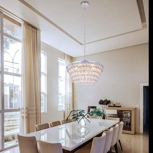 Wellmet 20 Inch Crystal Chandeliers, 6 Lights 5 Tiers Crystal Light, Adjustable Ceiling Pendant Lights, Modern Hanging Chandelier Lighting Fixture for Dining Room, Bedroom, Hallway, Bar, Kitchen, Bath