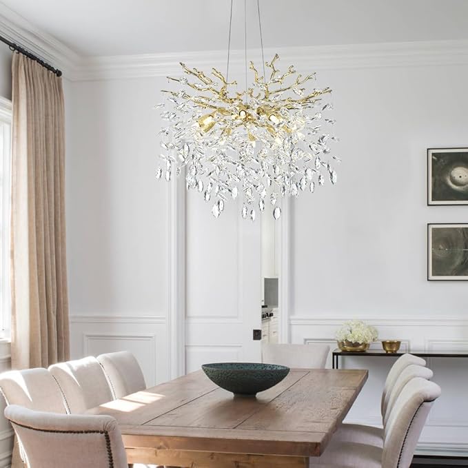 Modern Crystal Tree Branches Chandelier, 23.5in Gold 8 Lights Large Ceiling Hanging Light for Dining Room, Round Raindrop Pendant Light Fixture