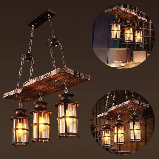 Wood Retro Pendant Lighting Industrial Vintage Chandelier Black Metal Bedroom Restaurant Suspension Lamp Cage Frame with Glass Shade House Loft Bar Coffee Decoration Ceiling Lights Fitting, E27