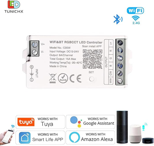 C05W RGBCCT LED Controller, Tuya WiFi 2.4G RF, 6Pin PWM for SMD FCOB Strip, APP & Voice Control, Compatible with Alexa Google Home, Compatible with WR01RF RC03RFB RC04RFB RC05RFB Remote