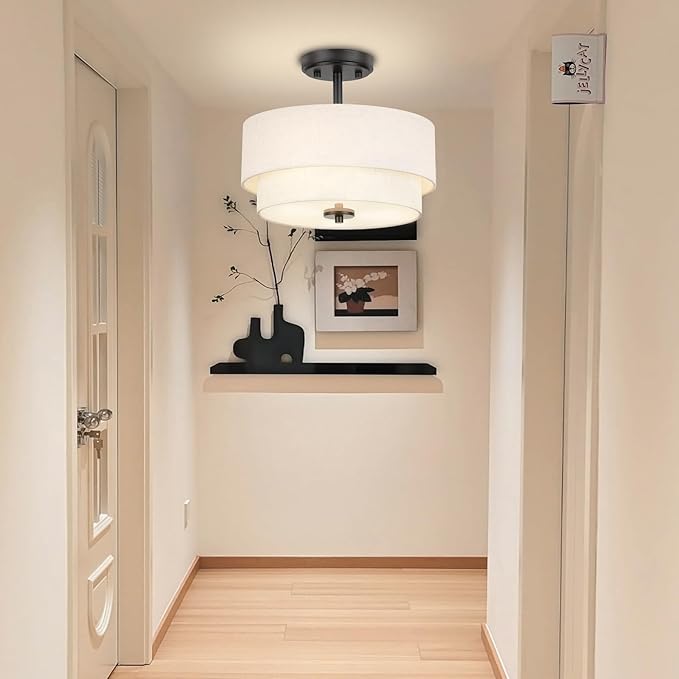 Edwarmlux 3-Light Semi Flush Mount Ceiling Light Fixture, 12.6" Black Drum Light with White Fabric Shade,Modern Close to Ceiling Light for Living Room Bedroom Dining Room Kitchen Hallway Entry Foyer