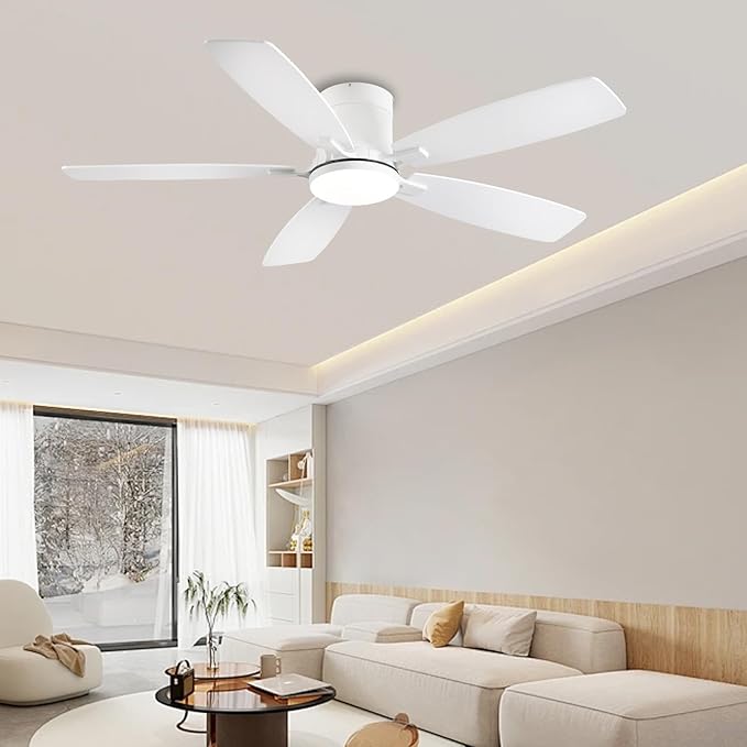 Ayaoty Ceiling Fans with Lights, 52 inch Low Profile Ceiling Fan with Light and Remote Control, Flush Mount, Reversible Motor, Dimmable, Noiseless, White Ceiling Fan for Bedroom, Indoor/Outdoor Use