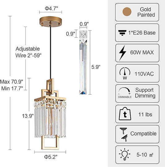 Modern Gold Pendant Light Fixtures for Kitchen Island and Dining Room, Industrial Small Hanging Crystal Chandelier Light Fixture for Bedroom Entryway Living Room Foyer Hallway 3-Pack