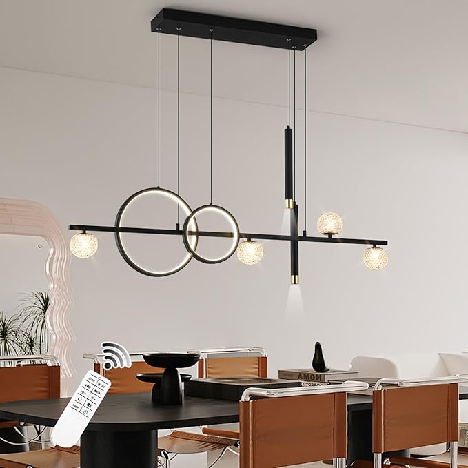 ORANOOR Modern LED Pendant Lights, Dimmable 47in Linear LED Chandelier Lighting, Upgraded Black & Gold Dining Room Hanging Light Fixtures Kitchen Island Globe Pendant Light for Dining Table (4200lm)