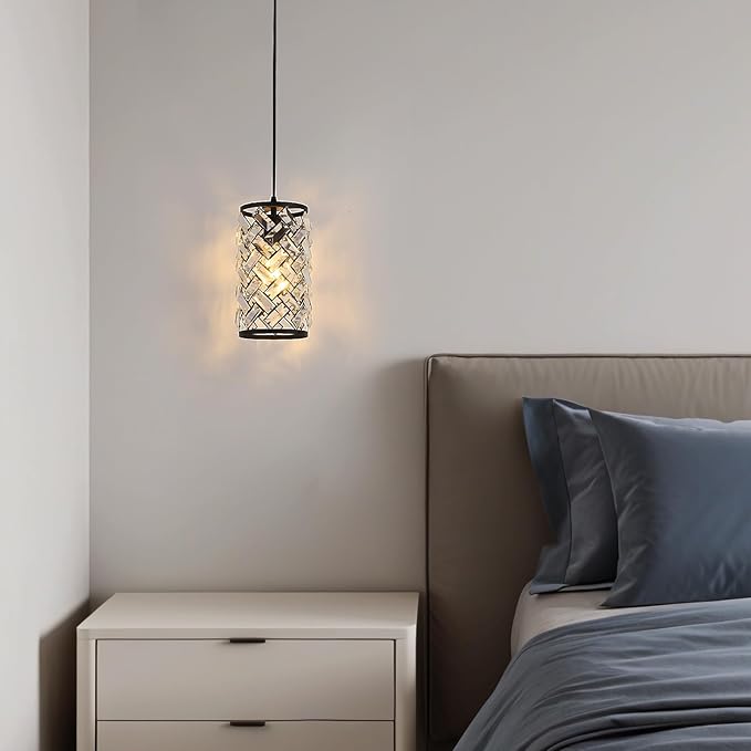 Black Crystal Pendant Lights Kitchen Island, Modern Mini Chandelier, Adjustable Hanging Ceiling Light Fixture for Kitchen Dining Room Bedroom Foyer Bar (1 Pack)