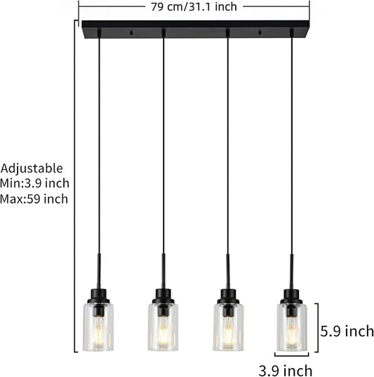 4-Lights Pendant Lighting for Kitchen Island in Black, Ceiling Light Fixtures with Adjustable Hanging Wire & Clear Glass Shades