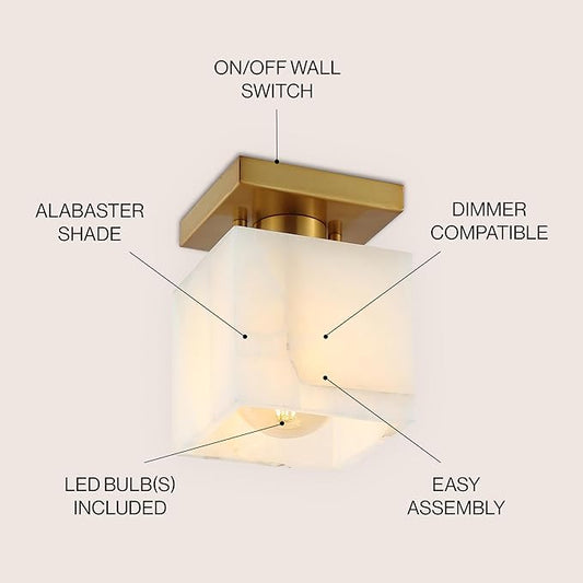 JONATHAN Y 5" White Marbling/Brass Gold Modern 1-Light Semi Flush Mount Ceiling Light for Bedroom, Cube White Alabaster Marble Shade, Mid-Century Minimalist Fixture, LED Bulb Included JYL1202A