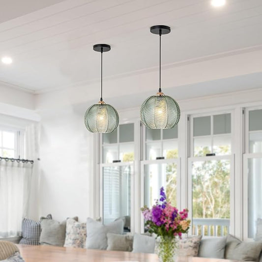 Green Glass Pendant Light Fixture Black Mid Century Modern Pendant Lighting Chandelier 1-Light Globe Ceiling Hanging Light for Bedroom Living Dinning Room Kitchen Island