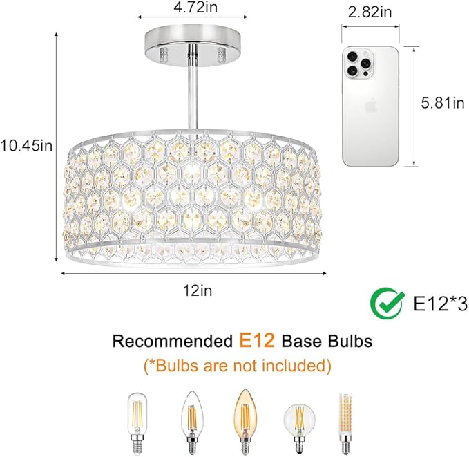 Lxybcce Chrome Crystal Ceiling Light Fixture - Modern Semi Flush Mount Ceiling Light for Hallway, Kitchen Lighting Fixtures Ceiling, Dazzling Prism Chandelier for Foyer Closet Bedroom, 3 Light, 12 in