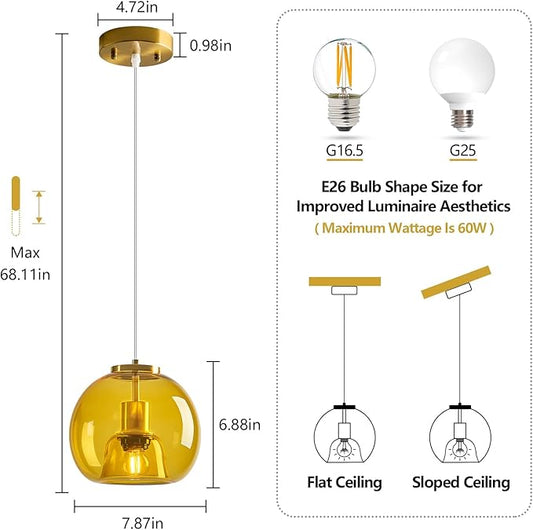 Yellow Glass Pendant Lights Kitchen Island Gold Hanging Light Fixture Glass Globe Pendant Light Modern Pendant Lighting for Kitchen Island Bedroom Dining Room (7.87", 3 Pack)