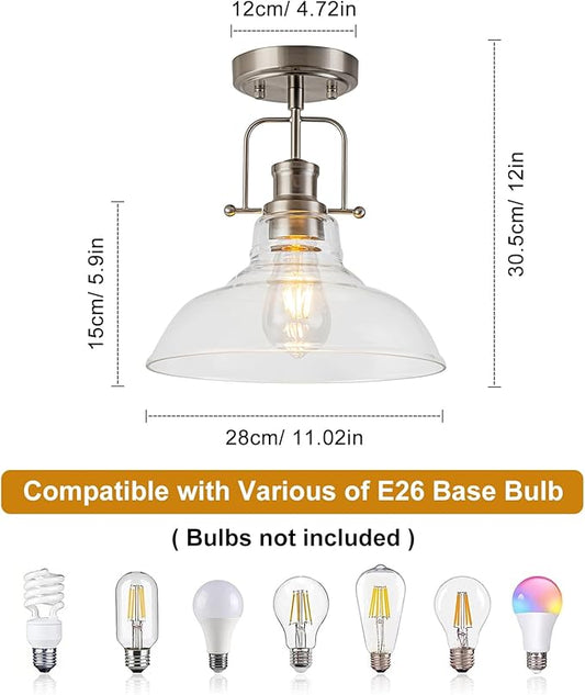 WILON Semi Flush Mount Ceiling Light Fixture, Brushed Nickel Farmhouse Light Fixtures with Clear Glass Shade, Modern Vintage Ceiling Lamp for Kitchen Island Sink Foyer Bathroom Entryway Laundry Room