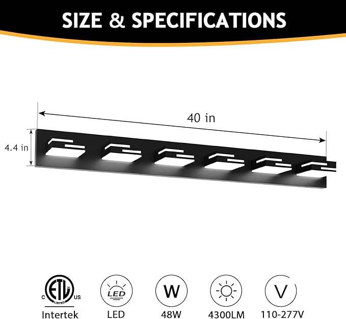 LED Modern Bathroom Vanity Light Fixtures 6-Light 40-inch 5CCT Dimmable Matte Black Vanity Lights for Bathroom Lighting Fixtures Over Mirror, with 360° Rotatable Acrylic Heads