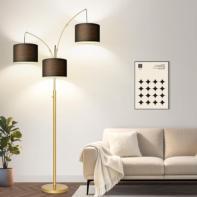Dimmable Floor Lamp - 3 Lights Gold Arc Floor Lamps for Living Room, 1000LM Modern Tall Standing Lamp With Black Shades&Heavy Base, Mid Century Tree Floor Lamp for Bedroom Office, 3 LED Bulbs Included
