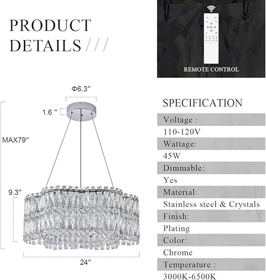 24’’ Crystal LED Chandelier with Remote Control Dimmable 3000-6500K Contemporary Luxury Chandeliers Modern Chrome Light Fixture for Dining Living Room Kitchen Island Foyer Entryway