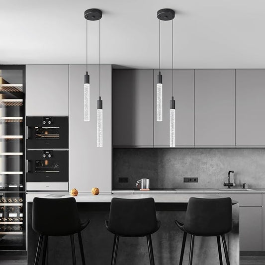 Modern Light Fixture Kitchen Island Pendant Light Dimmable LED Black Pendant Lights Mini Crystal Pendant Lighting for Bedroom Dining Room Living Room(2-Light )