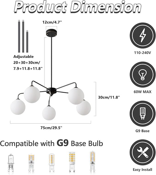 5 Light Mid Century Sputnik Chandelier with White Frosted Globe Glass Shade Pendant Lighting Fixture Living Room Large Pendant Lamp for Bedroom Kitchen Island