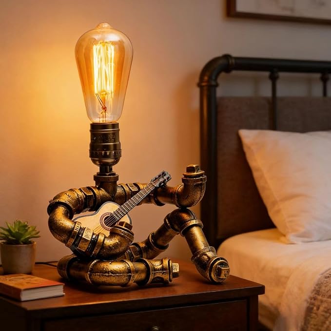 Steampunk Decor Table Lamp for Men Unique Creative Robot Style Desk Lamp,Vintage Industrial Metal Pipe Water Pipe Light, Home Decor Ideal for Bedrooms,Study. (Bronze D)