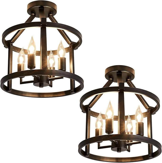 UOFUS 2-Pack Semi Flush Mount Ceiling Light Fixture Farmhouse Matte Chandelier Ceiling Lamp for Entryway Foyer Dining Room Bedroom Kitchen Hallway (Black Metal )