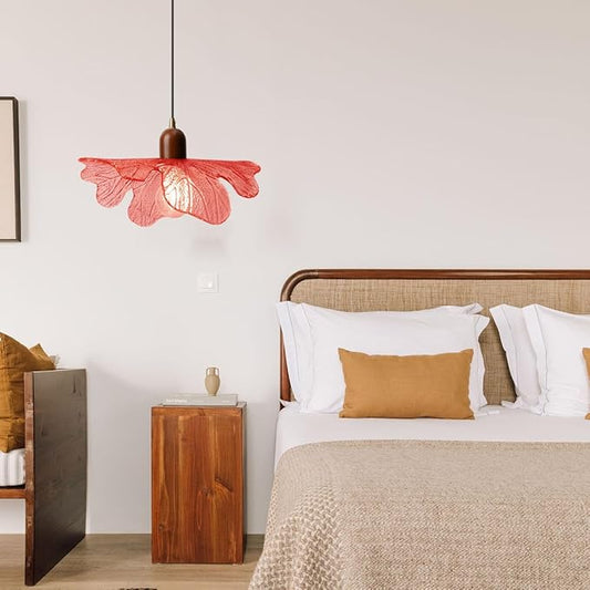 Modern Flower Pendant Light Fixture 13" Glass Hanging Light Wooden Chandelier Red Adjustable Pendant Lighting for Bedroom Dining Room Entryway
