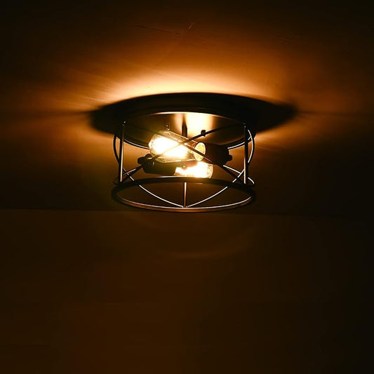 2-Light Flush Mount Black Ceiling Light Fixture, Farmhouse Vintage Industrial Metal Cage, Dimmable for Hallway Kitchen Bedroom Living Room Laundry Utility Room Closet Bathroom Entryway Office