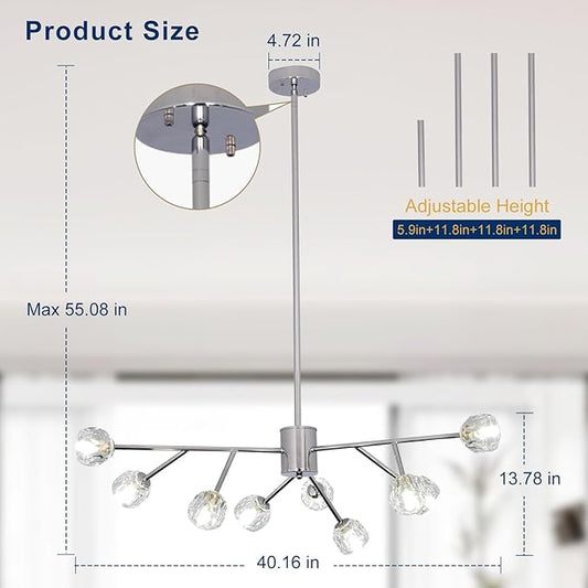 Depuley Modern Chrome Sputnik Chandelier: 9-Light Crystal Glass Chandelier for Dining Room - Kitchen Table Light Fixture Mid Century Hanging Lamp Height Adjustable for Foyer (Included G9 Bulbs)