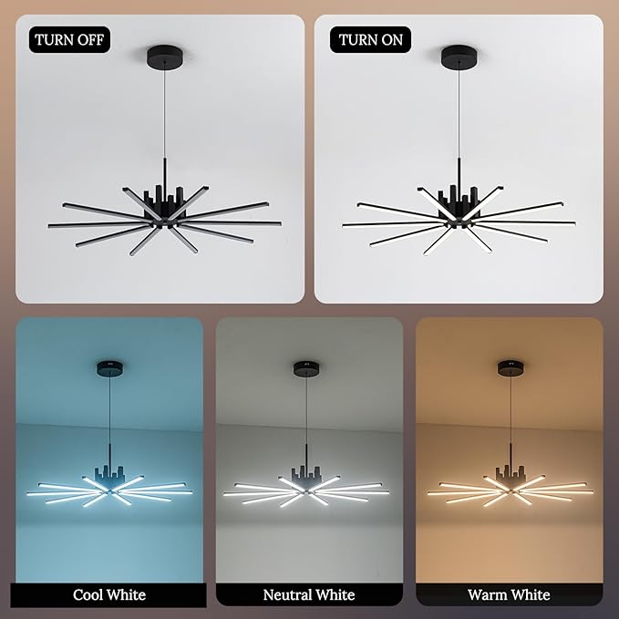 Black Modern Sputnik Chandelier with Remote Control, 56W 3-Color Temperature Dimmable LED Chandelier for Dining Room, Hanging Adjustable Pendant Light for Living Room Kitchen Foyer Entryway