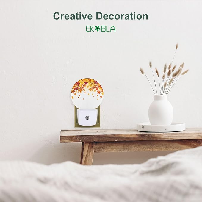 EKOBLA Autumn Maple Leaf Plug-in Night Light, Red & Yellow Fall Leaves LED Nightlight with Dusk to Dawn Auto Sensor for Bathroom, Hallway & Kitchen