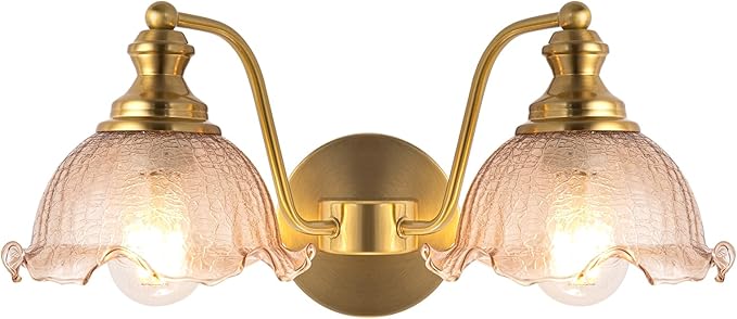 Bathroom Vanity Lights, 2 Light Bathroom Vanity Light with Floral Amber Glass Shades, Gold Vanity Light for Bedside Tables bathrooms vanities E26 (Bulb Not Included)