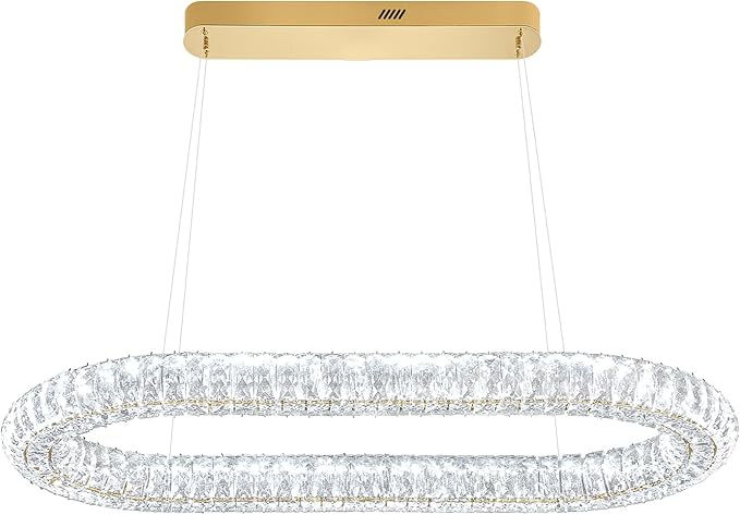 Crystal Ring Chandelierfor Living Room, 40'' Gold Ring Pendant Light for Kitchen Island Modern Dimmable Linear Oval Chandeliers for Dining Room