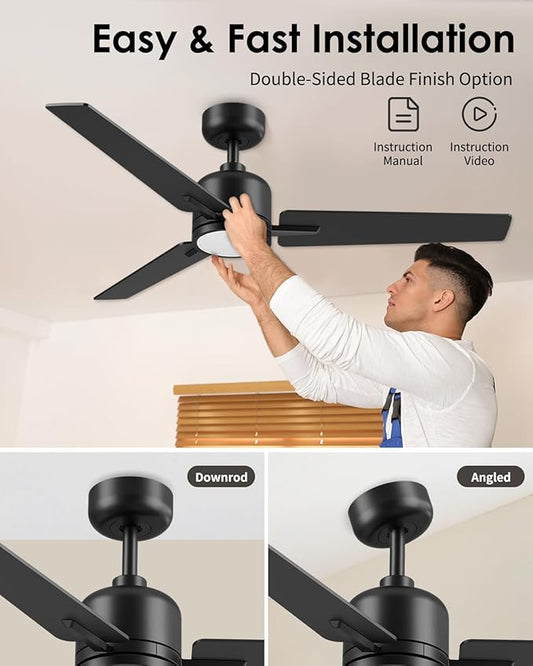 Newday 52 inch Ceiling Fans with Lights and Remote, Black 3 Blade Outdoor Fans for Patios -Dimmable Indoor DC Motor, 6 Speed, Quiet Noiseless, 3 CCT, Reversible, High CFM