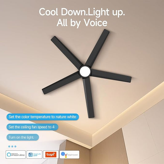 ocioc Smart Ceiling Fans with Lights,52 inch,Reversible Quiet DC Motor,Dimmable,Black Ceiling Fan Compatible with Alexa Google home Indoor/Outdoor