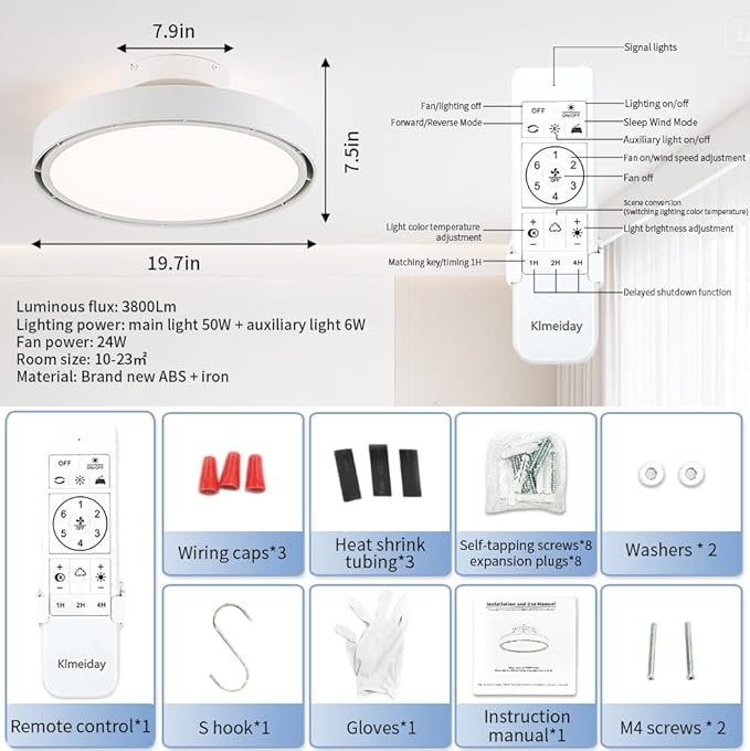 Bladeless Ceiling Fans with Lights and Remote, Flush Mount Modern Ceiling Fan with Light, 6 Speeds, Stepless dimming & 3000-6000K CCT LED Lights for Bedroom, Living Room (White)