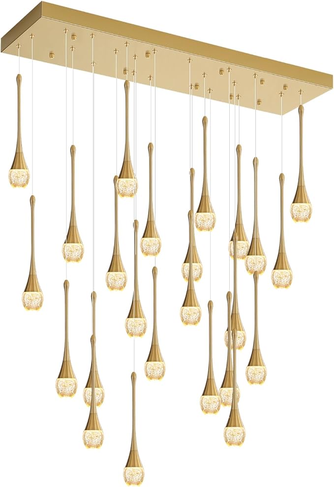 ykolupty 24-Lights Rectangular Chandelier Crystal Raindrop Chandeliers Flush Mount Ceiling Light for Dining Room Living Room High Ceiling Chandelier for Staircase Foyer Entryway Gold Chandeliers