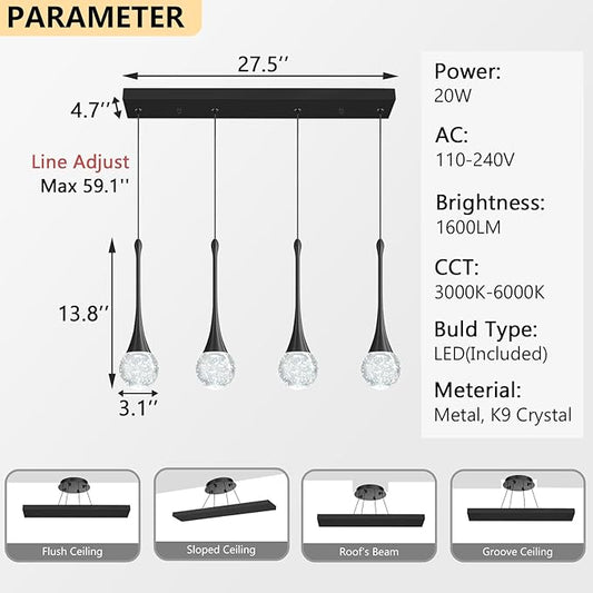 4-Lights Modern Pendant Lights for Kitchen Island LED Dimmable Crystal Glam Ceiling Pendant Lighting Chandelier for Dining Room Hallway Bedroom Black