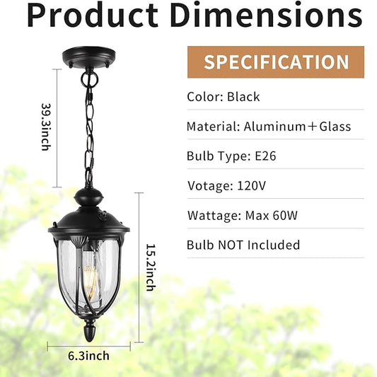 JYZ Vintage Dusk to Dawn Outdoor Hanging Lantern, 15 Inch Rustic Exterior Pendant Light Fixture with Seeded Glass, Antique Black Ceiling Mount Chandelier for Porch, Patio, Gazebo, Entryway JYOPL04